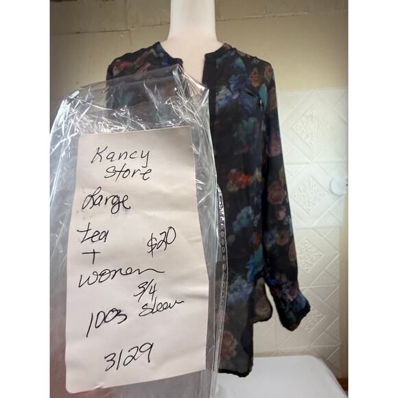 Massimo size Large Top Black Floral Sheer long-sleeve women's blouse flaw - Picture 12 of 16